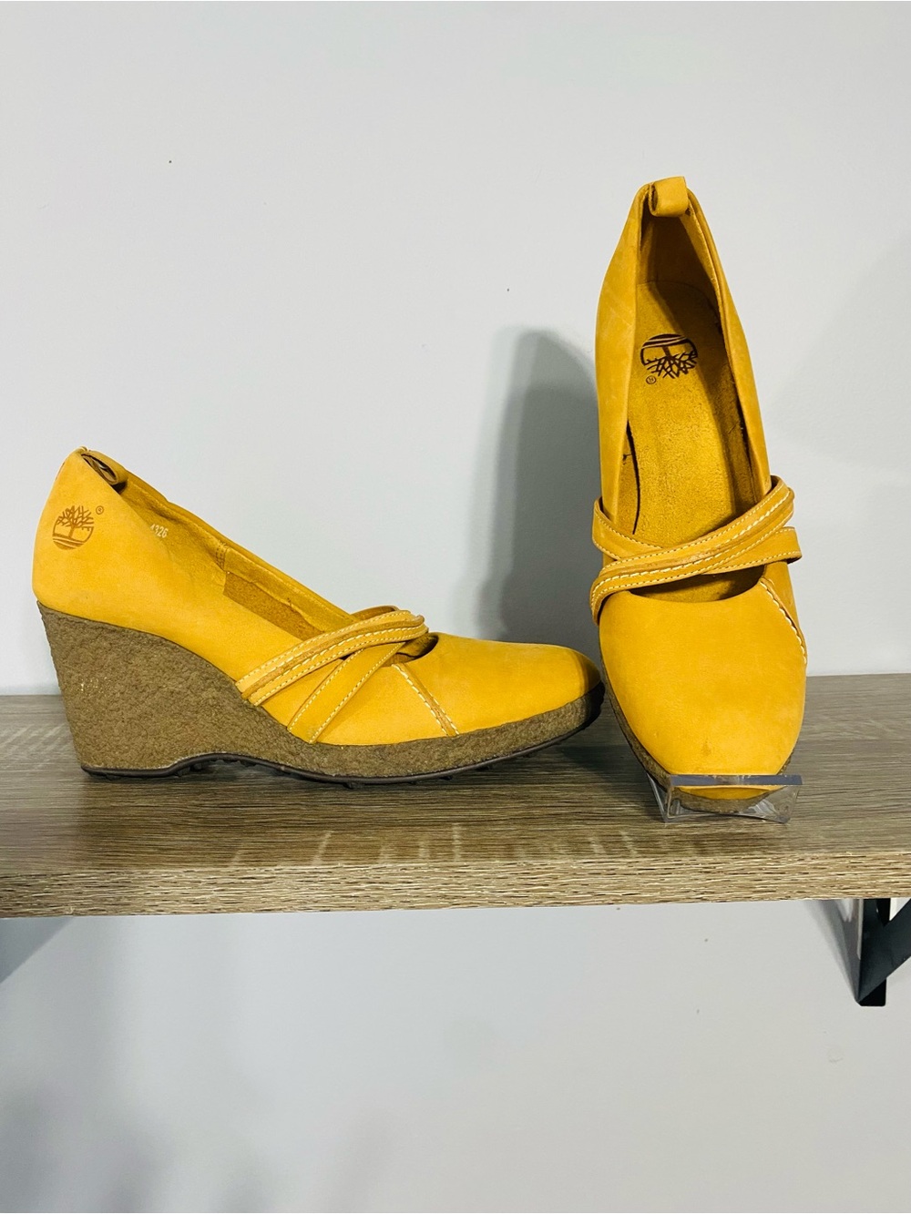 Timberland Women's Mustard Yellow Wedge Heels with Crisscross Straps